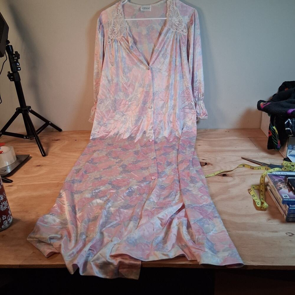 Lorraine Womens Nightgown Vtg Floral Short Sleeve Satin Nightgown Sz L Cottage